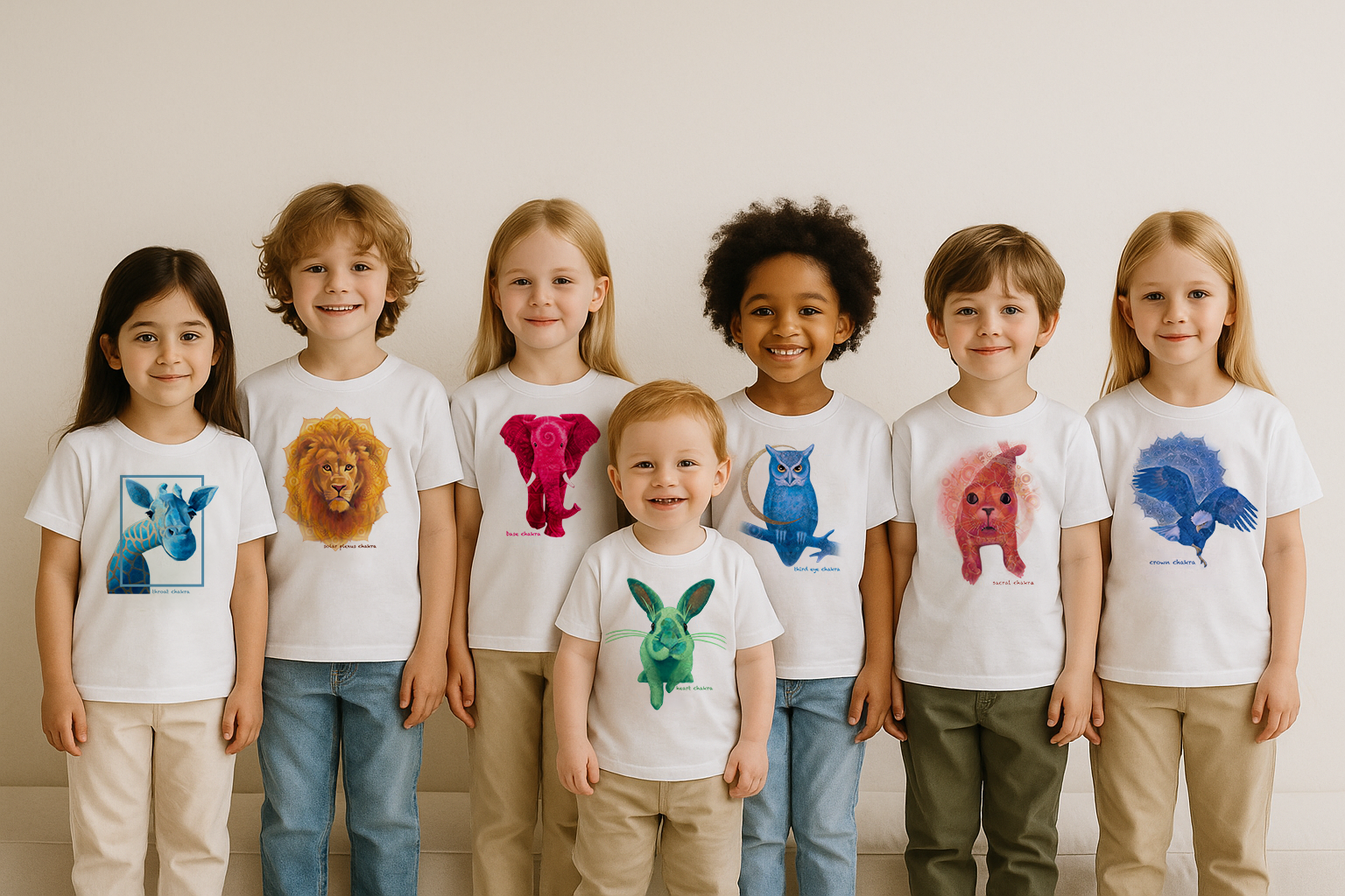 Children wearing white t-shirts with colorful animal graphics representing the seven chakras on a plain background