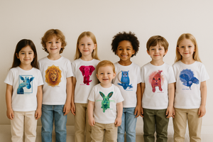 Children wearing white t-shirts with colorful animal graphics representing the seven chakras on a plain background